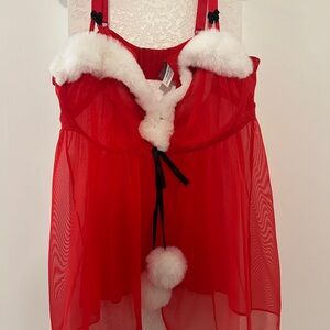 Adore Me Holiday Red Sheer Chemise with White Fur Trim 42DDD